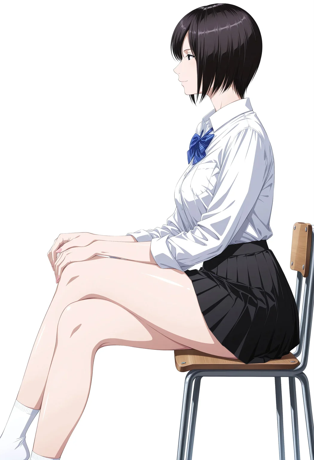 ultra-detailed,detailed face,
score_9, score_8_up, score_7_up, source_anime,(extremely detailed CG), (best quality),
1girl, solo, sitting, skirt, short hair, school uniform, crossed legs, black hair, chair, white background, from side, simple background, socks, shirt, pleated skirt, black skirt, smile, profile, white shirt, kanae