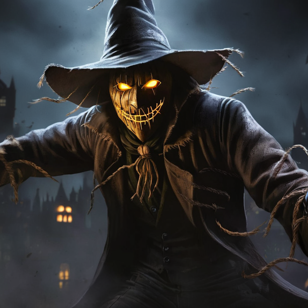 concept art of  <lora:Scarecrow:1.2>
Scarecrow a demonic looking man with glowing eyes and a dark background in Gotham city universe, digital artwork, illustrative, painterly, matte painting, highly detailed
