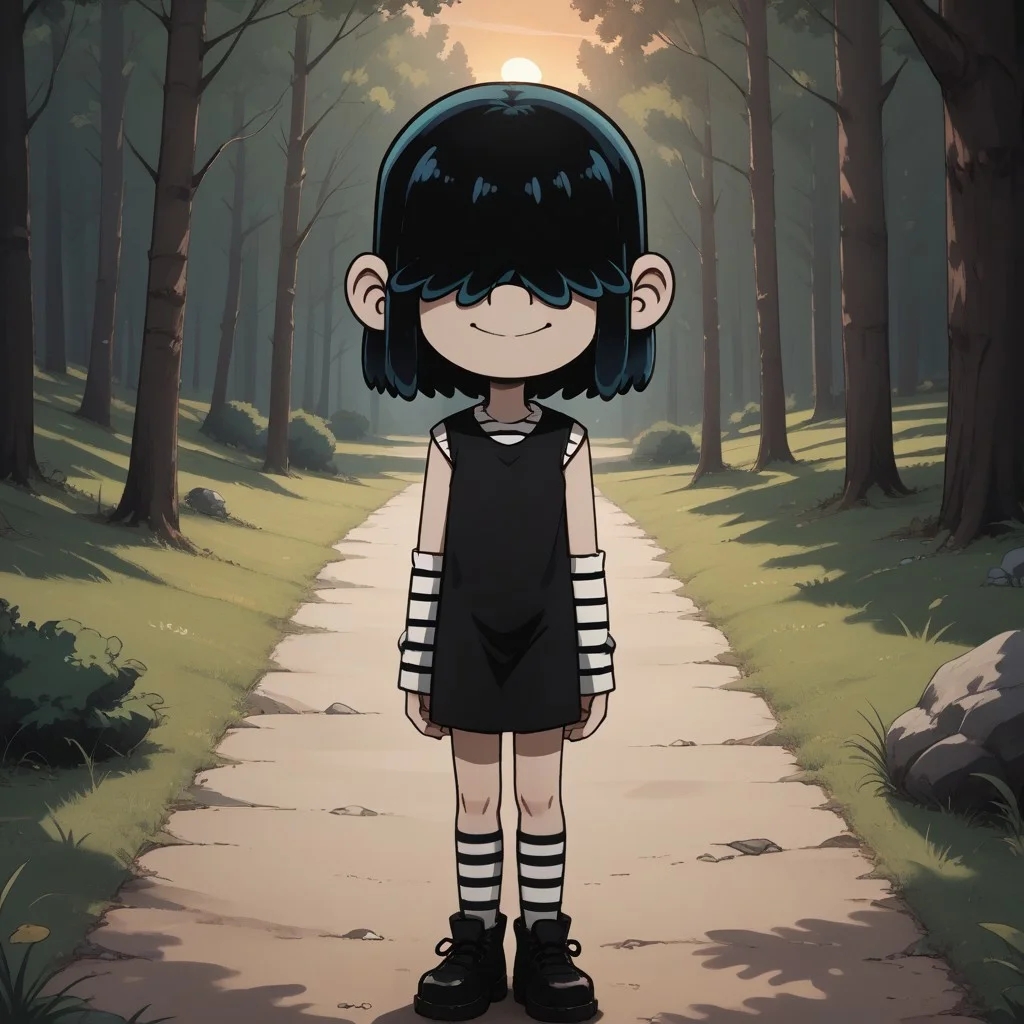 score_9, score_8, BREAK, solo, Lucy_Loud_(The_Loud_House), black hair, goth girl, hair over eyes, pale skin, long striped arm sleeves and stockings, black dress worn over a striped shirt, black shoes, self portrait, smile, looking at viewer, outdoors, sunlight, shadows, evening lighting, natural lighting, forest, trees, grass, orange sky, sunset
