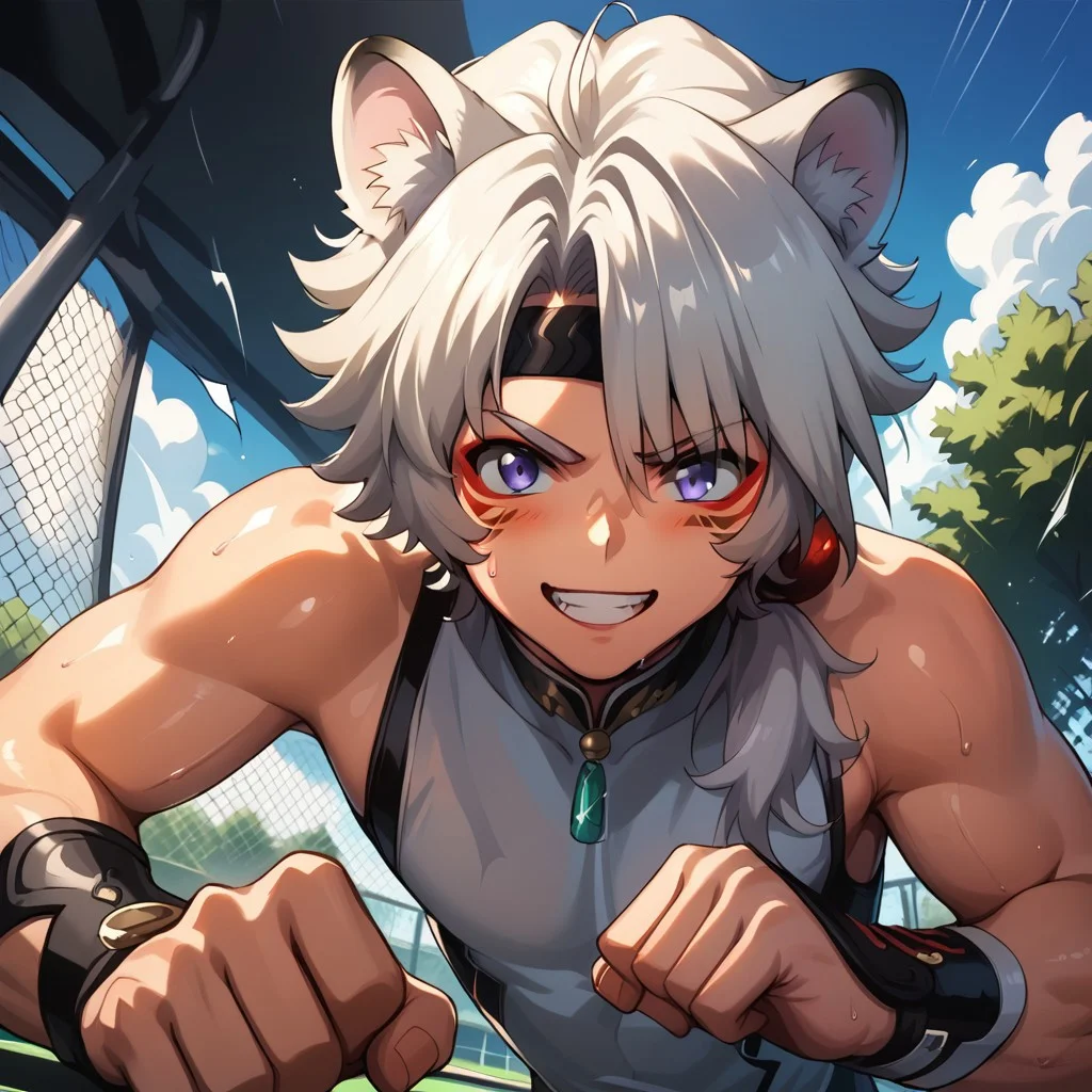 score_9, score_8_up, score_7_up, score_6_up, masterpiece, uncensored, best quality, amazing quality, best aesthetic, absurdres, intricate details, source_anime, yaoi, gay, full body BREAK 1boy(lingyang, white hair, low ponytail, purple eyes, red eyeliner, facial mark, animal ears), fighting stance, excited, smile, looking at viewer BREAK battle field, st3rl5ghtbr9m2nce, morning, outdoors