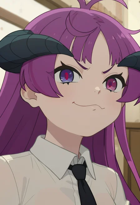 score_9, score_8_up, score_7_up, source_anime, anime screencap, anime coloring, <lora:add-detail-xl:3>,masterpiece,solo,,
BREAK
<lora:kishirika_k:1> kk, ch style, 1girl, heterochromia, purple hair, long hair, antenna hair, demon horns, portrait, collared shirt, white shirt, necktie,,,
smug, looking at viewer,