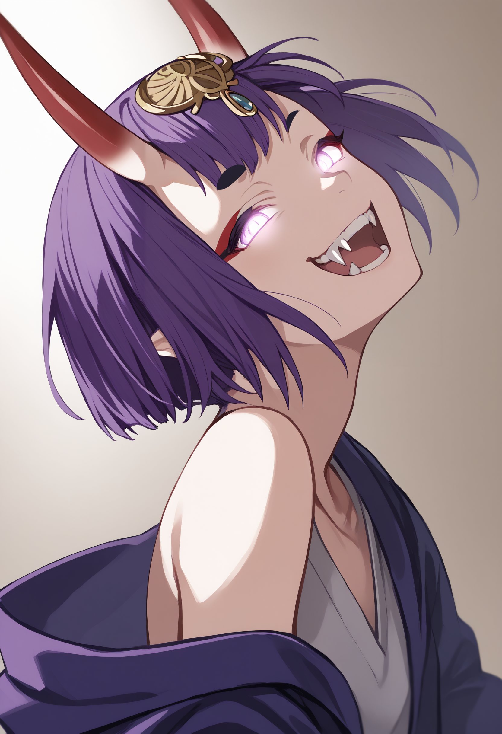 score_9, score_8_up, score_7_up, score_6_up, source anime, BREAK
oni, 1girl, solo, oni horns, makeup, purple hair, shuten douji \(fate\), bob cut, bare shoulders, hair ornament, open clothes, 
<lora:shaft_head_tilt-PD-1.0-all:1> shaft head tilt, open mouth, glowing eyes, fangs, grin,