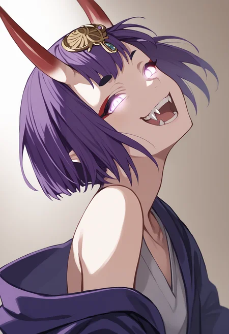 score_9, score_8_up, score_7_up, score_6_up, source anime, BREAK
oni, 1girl, solo, oni horns, makeup, purple hair, shuten douji \(fate\), bob cut, bare shoulders, hair ornament, open clothes,
<lora:shaft_head_tilt-PD-1.0-all:1> shaft head tilt, open mouth, glowing eyes, fangs, grin,