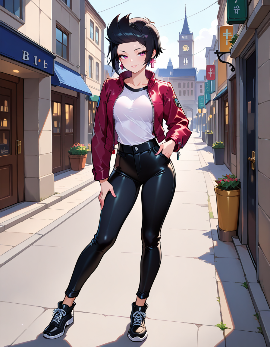 masterpiece, best quality, very aesthetic, absurdres,
outdoors, 
full body, seductive smile, long eyelashes,
<lora:BiBi_v01_NAIXL:1>,
B1B1,1girl,solo, short hair, black hair, jacket, shirt, jewelry, cross earrings, pants, open clothes,