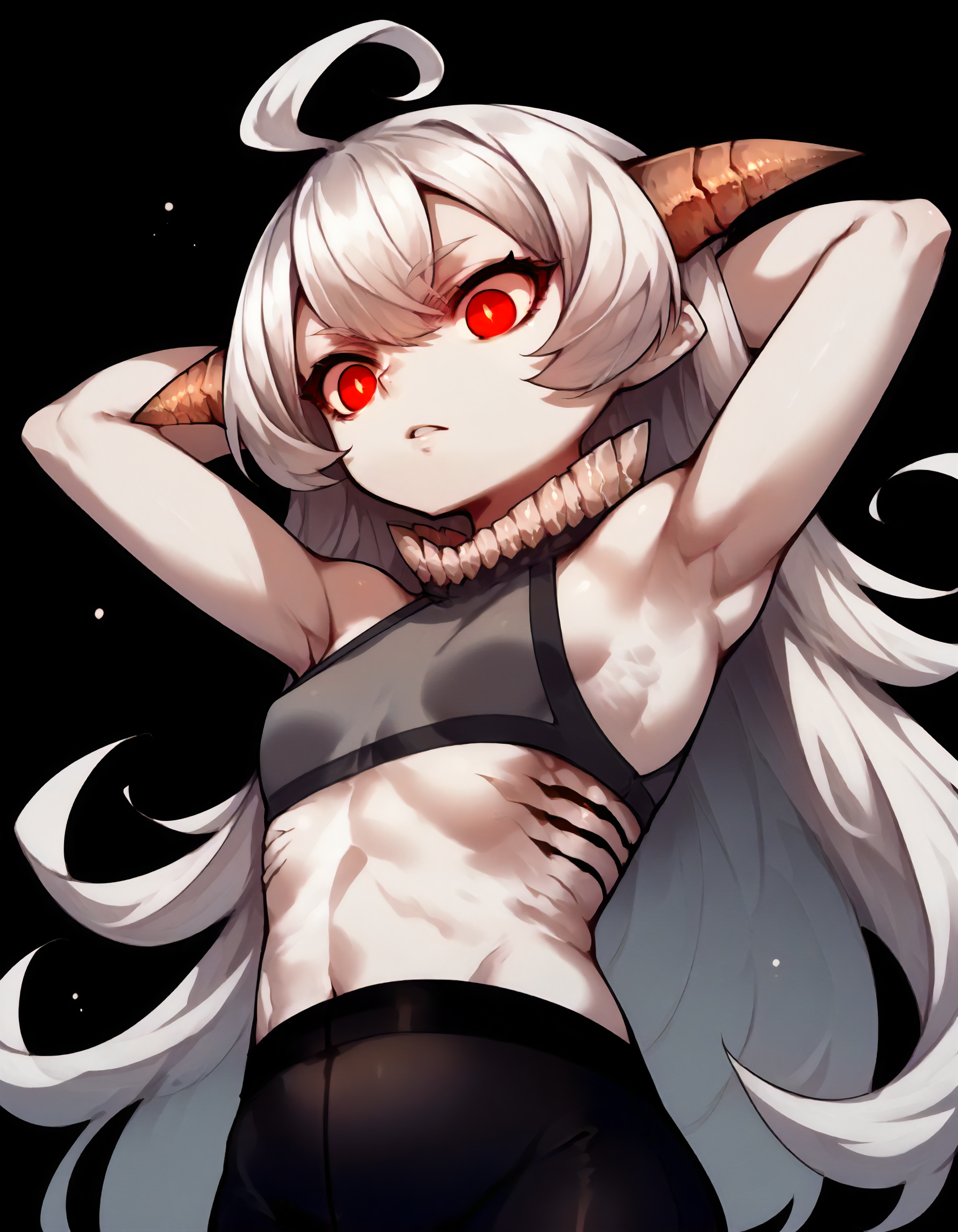 score_9,score_8_up,score_7_up,source_anime,1girl,
upper body,from below,looking down,arms behind head,parted lips,dark theme,small breasts,
<lora:newbattleshipprincess_ponyXLV6:0.7>,asnbpr,
pale skin,red eyes,long hair,white hair,ahoge,horns,grey tank top,gills,
black pantyhose