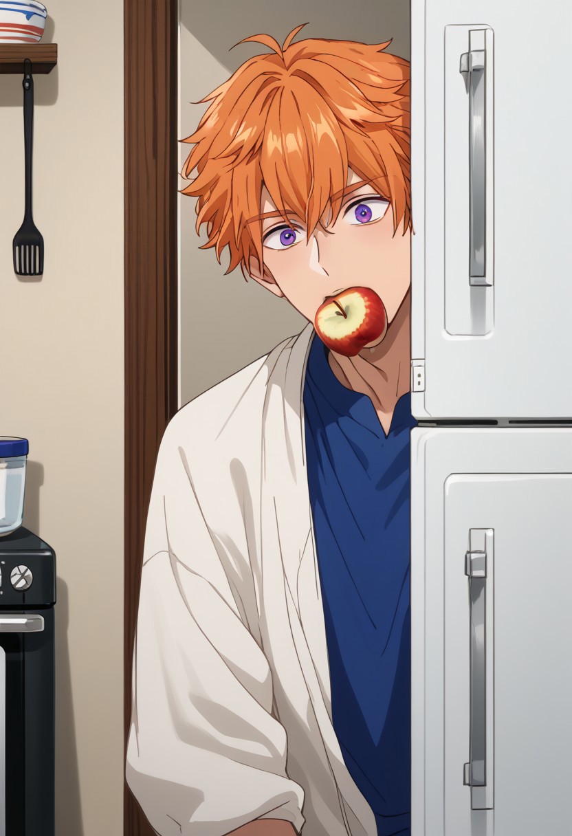 score_9, score_8_up, score_7_up, source_anime, rating_safe, peeking out, refrigerator, Beelobey, 1boy, male focus, anime screencap, wide eyed, apple on mouth, upper body, hiding behind fridge, dining room, kitchen clutter,