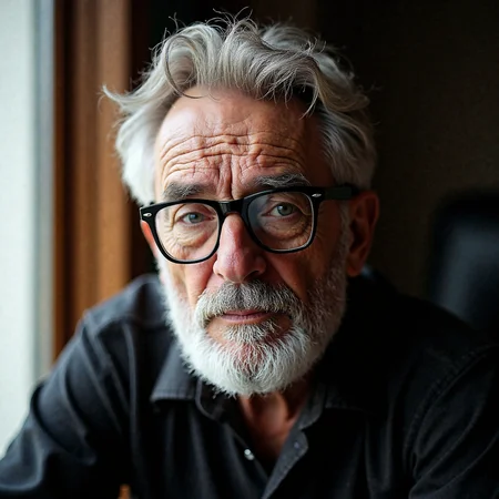 a professional portrait of an elderly man, likely in his late 60s or early 70s, he has a wrinkled, aged face with prominent cheekbones and a full, neatly trimmed beard, his eyes are large and almond-shaped, with a calm, contemplative expression, he wears thin, black-framed glasses that add a touch of intellectualism to his appearance, the man's hair is short and wavy, with some strands framing his face, the background is blurred, but it appears to be an indoor setting with soft, natural light streaming in from a window on the left, casting a warm glow on the subject, the overall mood of the portrait is introspective and slightly melancholic, with the subject's gaze directed towards the viewer, the photograph is rich in detail, capturing the texture of his skin and the folds of his clothing, emphasizing his age and the ruggedness of his face