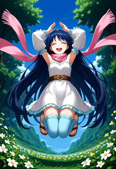 score_9,score_8_up,score_7_up,source_anime,5_figner,2d_animation,game cg,BREAK,1girl,solo,Yae,Lufia,blue eyes,white dress,bare shoulders,very long hair,dark blue hair,detached sleeves,belt,pink scarf,zettai ryouiki,light blue thighhighs,white sandal,
middle breast,looking at viewer,front view,smile,jumping, arms up, full body,closed eyes,open mouth,
flower meadow,outdoor,
masterpiece,best qualit,ultra-detailed,illustration,an extremely delicate and beautiful,beautiful detailed eyes,unity 8k wallpaper,high resolution,anime CG,official_art,