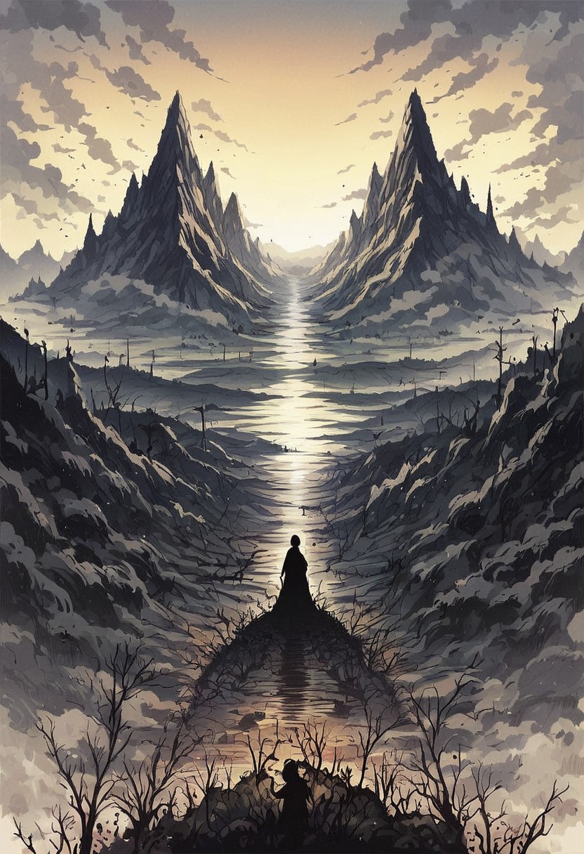 score_9, score_8_up, score_7_up, score_6_up, source_anime, ink splats, 1girl, silhouette, landscape, mountains, clouds, river, valley