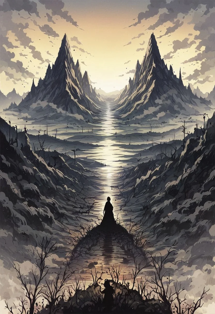 score_9, score_8_up, score_7_up, score_6_up, source_anime, ink splats, 1girl, silhouette, landscape, mountains, clouds, river, valley