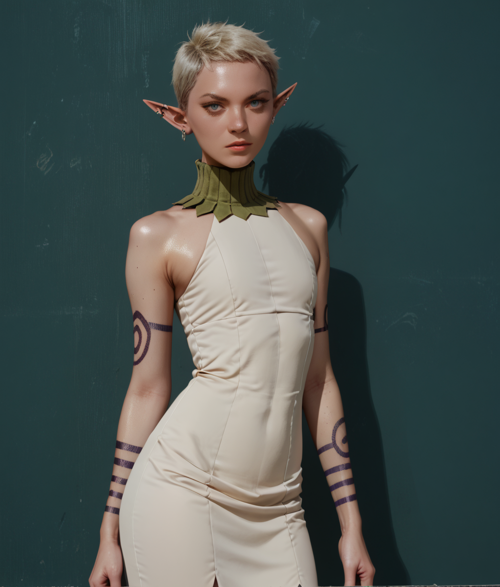 score_9, score_9_up, score_8_up, score_7_up, source_anime, masterpiece,
1girl, solo, otta, notched ear, very short hair, pixie cut, tattoo, pointy ears,  blonde hair, blue eyes, ear piercing, elf canaries outfit, earrings, turtleneck, white dress, short dress, dress,<lora:Otta_dungeon_meshi:1>,
flat chest, thick thighs, arm tattoo, portrait,
looking at viewer, simple background,
from side,