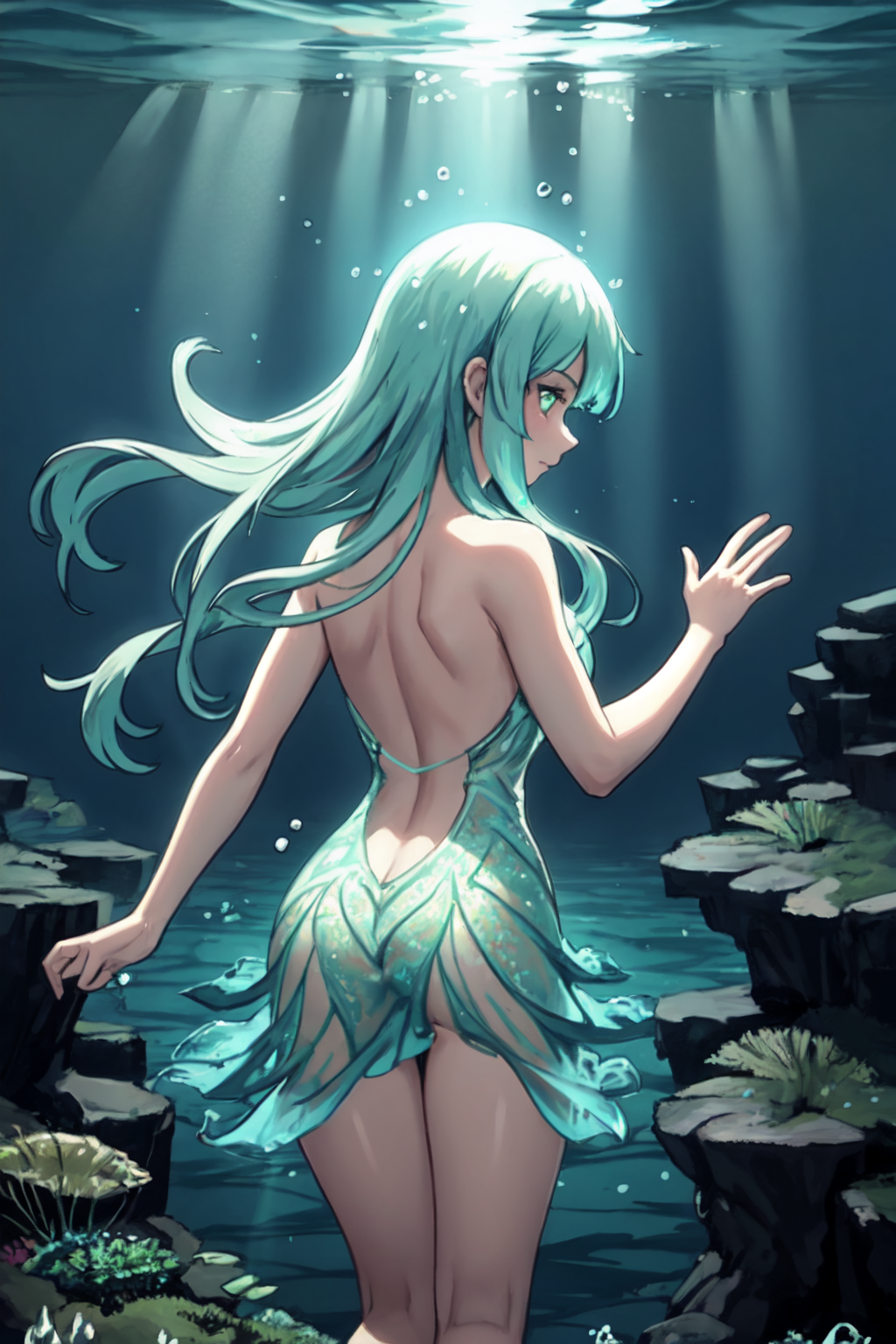 a naiad underwater, wearing a dress made of seaweed. water distorting light, refracting sunbeams, volumetric light. from behind
