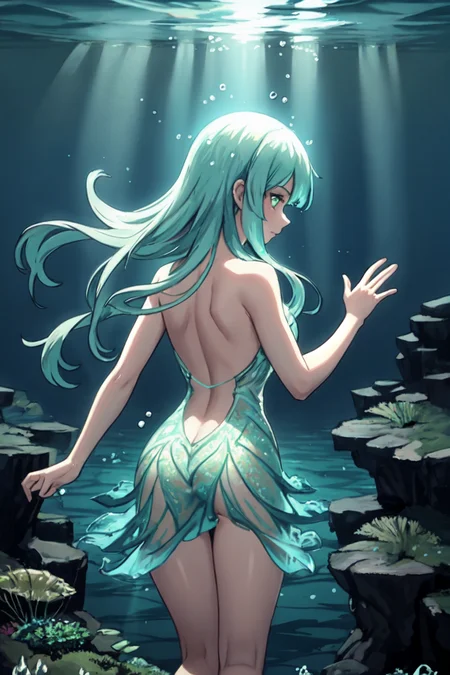 a naiad underwater, wearing a dress made of seaweed. water distorting light, refracting sunbeams, volumetric light. from behind