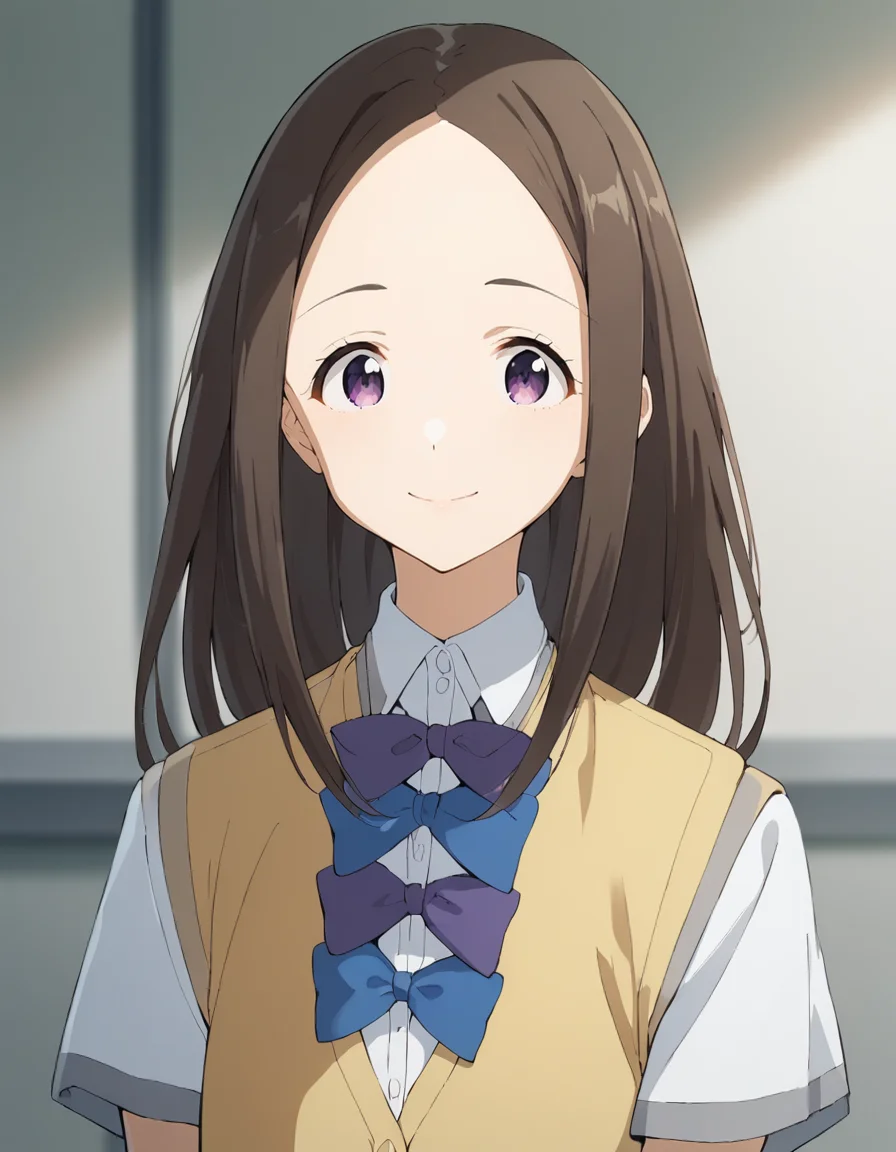 score_9, score_8_up, score_7_up, source_anime, BREAK
1girl, solo, looking at viewer, blurry background, upper body, light smile,
chihaya asagumo, long hair, brown hair, parted bangs, sidelocks, purple eyes,
school uniform, white collared shirt, yellow cardigan vest, short sleeves, purple bow, blue bow, grey pleated skirt,
<lora:chihaya_asagumo_anime-soralz:1>