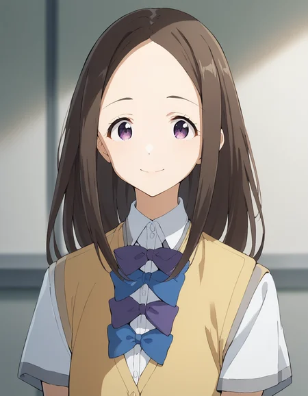 score_9, score_8_up, score_7_up, source_anime, BREAK
1girl, solo, looking at viewer, blurry background, upper body, light smile,
chihaya asagumo, long hair, brown hair, parted bangs, sidelocks, purple eyes,
school uniform, white collared shirt, yellow cardigan vest, short sleeves, purple bow, blue bow, grey pleated skirt,
<lora:chihaya_asagumo_anime-soralz:1>