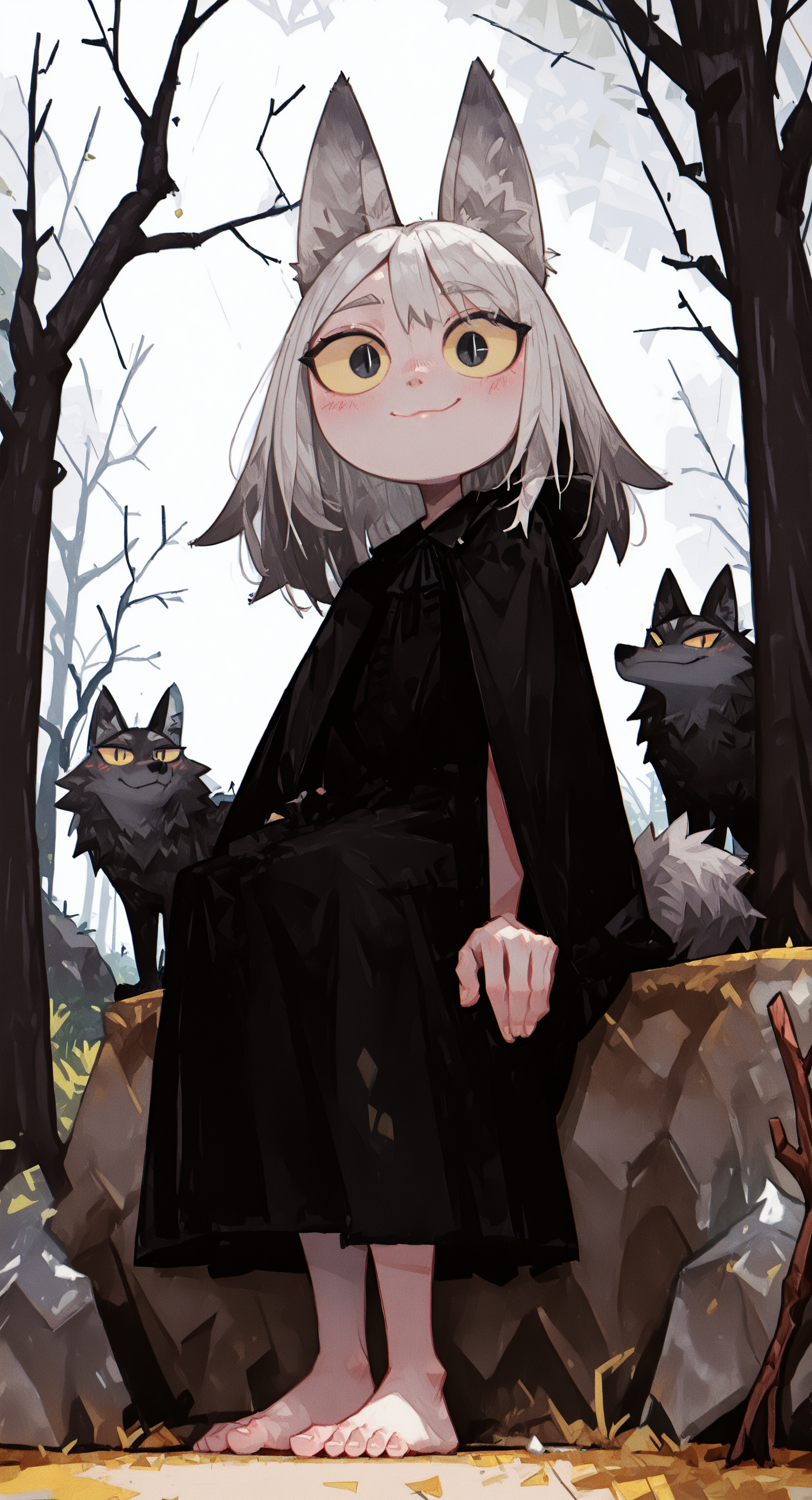 masterpiece, best quality, good quality, very awa, newest, highres, absurdres, 1girl, solo, long hair, looking at viewer, blush, smile, dress, animal ears, closed mouth, sitting, standing, tail, grey hair, outdoors, barefoot, chibi, black dress, cape, black eyes, tree, animal, wolf ears, plant, slit pupils, colored sclera, rock, branch, bare tree, yellow sclera, wolf, stick, haiz_ai, 0huton_illu,
drawing_style, <lora:illustriousXL_stabilizer_v1.23:0.3> <lora:NOOB_vp1_detailer_by_volnovik_v1:0.3> <lora:ponyv6_noobE11_2_adamW-000017:0.3> <lora:drawing_style_illustriousXL:0.39999999999999997> <lora:96YOTTEA-WAI:1> <lora:0hu_ton:0.85> <lora:haiz_ai_illu:1> <lora:namukijpg_ill:0.85>