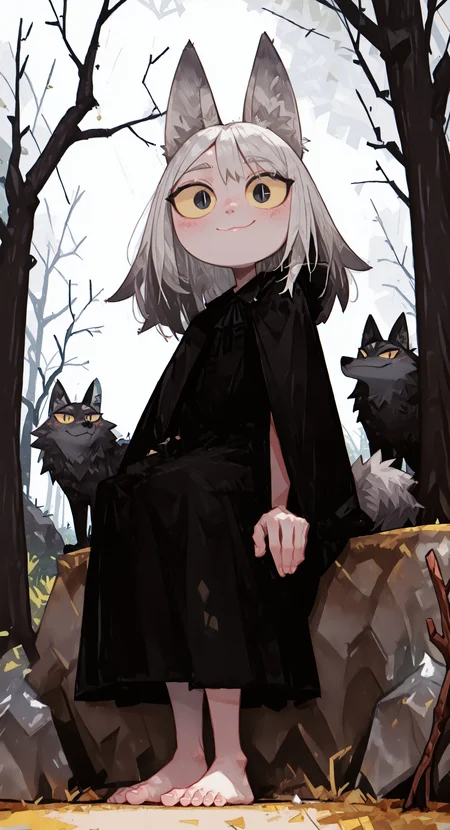 masterpiece, best quality, good quality, very awa, newest, highres, absurdres, 1girl, solo, long hair, looking at viewer, blush, smile, dress, animal ears, closed mouth, sitting, standing, tail, grey hair, outdoors, barefoot, chibi, black dress, cape, black eyes, tree, animal, wolf ears, plant, slit pupils, colored sclera, rock, branch, bare tree, yellow sclera, wolf, stick, haiz_ai, 0huton_illu,
drawing_style, <lora:illustriousXL_stabilizer_v1.23:0.3> <lora:NOOB_vp1_detailer_by_volnovik_v1:0.3> <lora:ponyv6_noobE11_2_adamW-000017:0.3> <lora:drawing_style_illustriousXL:0.39999999999999997> <lora:96YOTTEA-WAI:1> <lora:0hu_ton:0.85> <lora:haiz_ai_illu:1> <lora:namukijpg_ill:0.85>