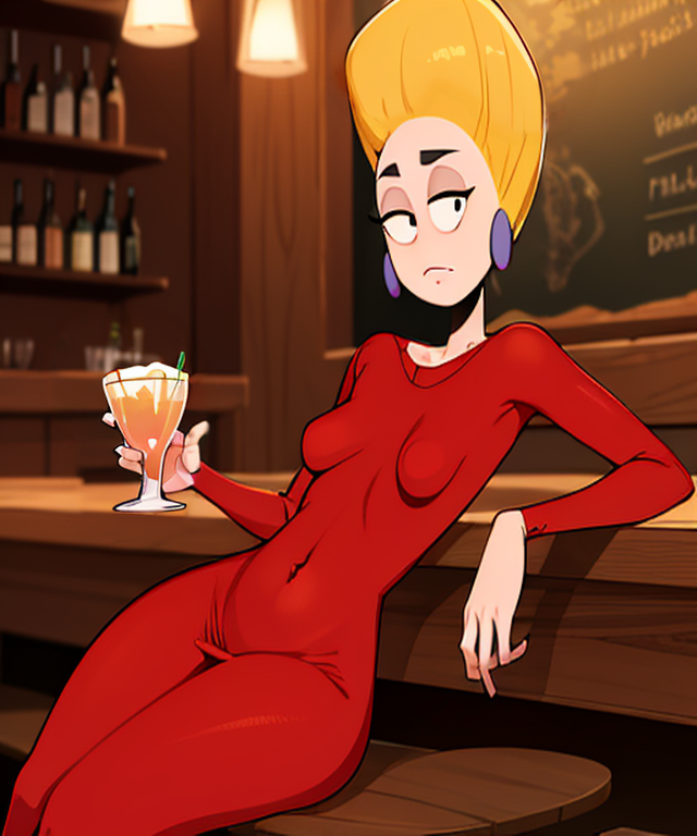 Piklez, long blond hair, hair up,  small breasts, navel ,solo,  black eyes,  round eyes, bored expression, sleepy, 
Pikattire,  (long crew neck red dress:1.2), earrings, high heels,  
sitting a bar table, drinks on wall,   leaning back on counter, one  hand free,
(insanely detailed, beautiful detailed face, masterpiece, best quality) <lora:Pickles:0.8>