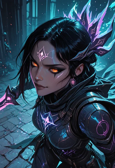 (masterpiece), (best quality), 8k, 1girl, celestial assassin, intense low lighting, glowing crescent blades, purple glow, dual-wielding, shadowed face, glowing eyes, dark eclipse sky behind her, glowing voidlight aura, Void crown, orange eyes, mystical sigils on ground, long flowing cloak fluttering, sci-fi fantasy armor with celestial patterns, moonlit silhouette, cinematic perspective, ethereal particles, radiant eclipse corona, sleek asymmetrical hairstyle, atmosphere of silent finality, black eyeshadow,
Action Shot, Slashing blades, Fierce expression, partical effects, dynamic, Dynamic position, Dynamic angle, Combat, intense, intense expression, Anger, half smirk,
Unique, close up, cowboy shot, dutch angle, foreshortening,
From above, Looking at viewer, Close up, Face Focus,