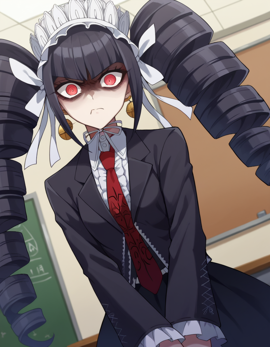 score_9, score_8_up, score_7_up, source_anime,
celestialudenberg, <lora:celestia-ludenberg-ponyxl-lora-nochekaiser:1>,
celestia ludenberg, long hair, bangs, black hair, red eyes, long sleeves, twintails, drill hair, twin drills, angry, anger vein,
skirt, shirt, black hair, long sleeves, jewelry, jacket, earrings, frills, necktie, black skirt, black jacket, red necktie, bonnet, print necktie,
indoors, classroom,
looking at viewer, cowboy shot, dutch angle,