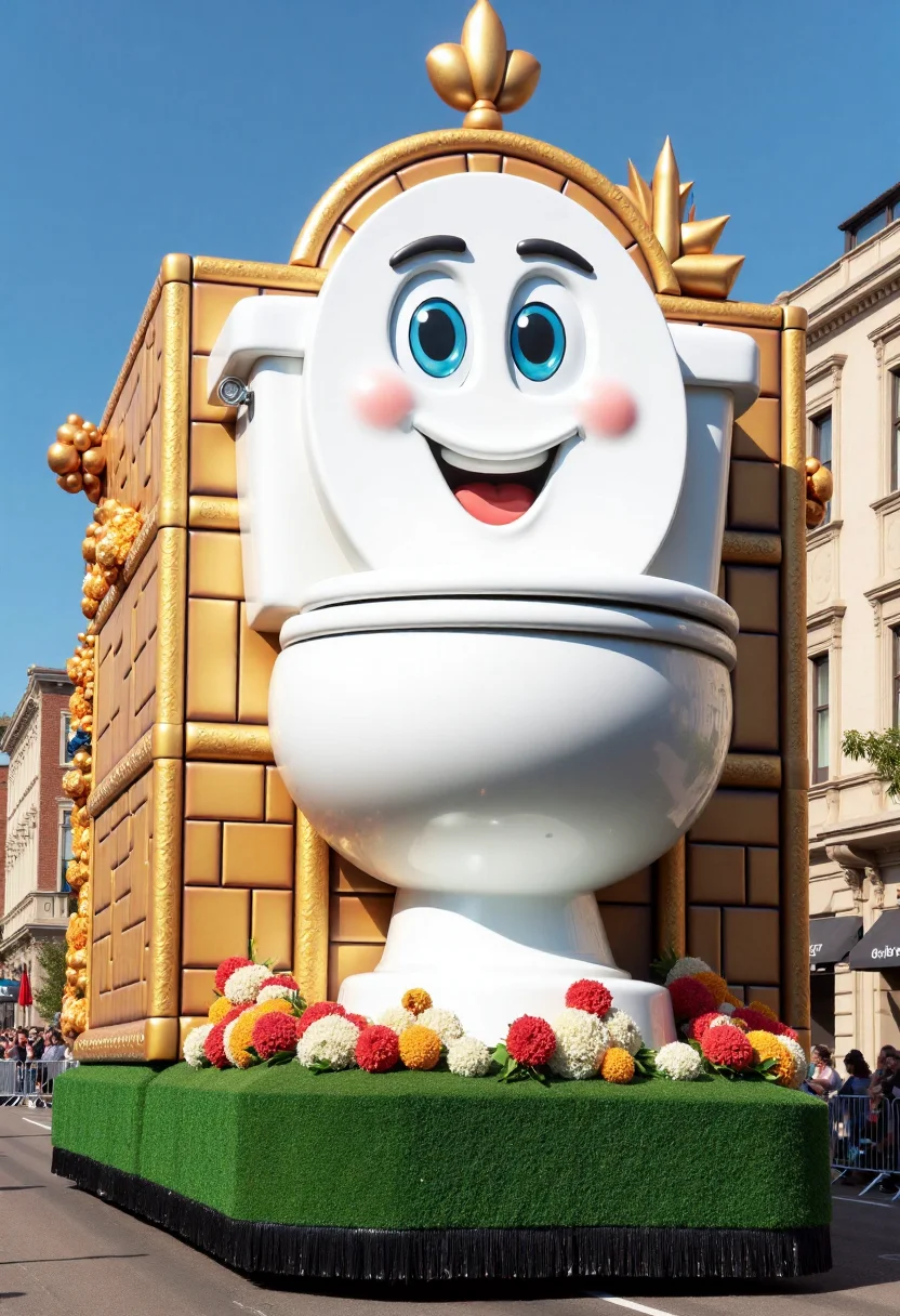 <lora:Parade_Float_Fashioner_FLUX:0.9>
The image is a photograph of a vibrant, elaborate parade float, featuring a large, cartoonish, white anthropomorphic toilet character with exaggerated blue eyes and a cheerful expression.