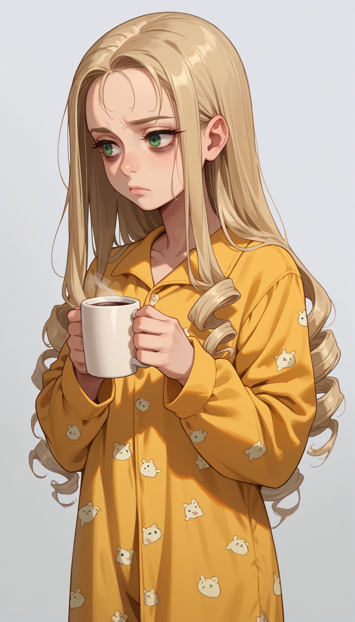 score_9, score_8_up, score_7_up, score_6_up, , solo,
<lora:GUPMarie:0.8>,BBMarie, 1girl, long hair, blonde hair,  drill hair, green eyes,  , tired, looking away, standing, holding coffee mug, bags under eyes, pajamas