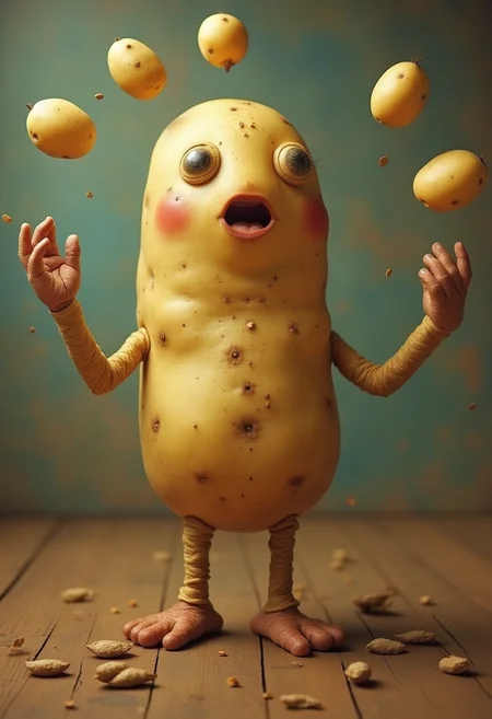 A living potato juggling potatoes, surrealism,