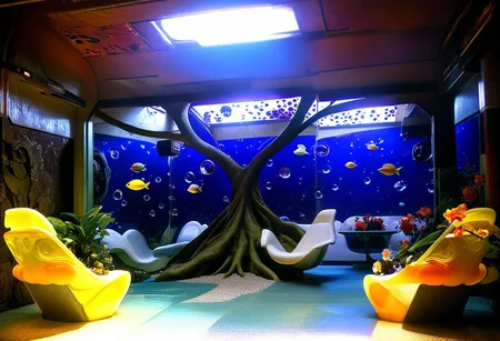 Photograph, masterpiece,best quality, of An astonishing award winning, art installation, the interior of an incredible starship, poly acrylic resin molded tree sculptures, fake plastic flowers, 1970s Brazilian Tropicalia retrofuturism, in the style of Pipilotti Rist, complex shadows, retro, science fiction style