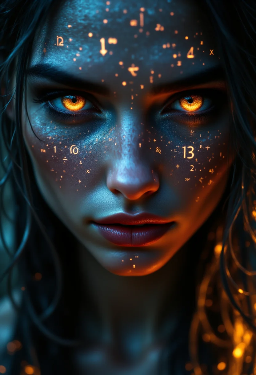 Digital artwork featuring a close-up portrait of a person with striking, glowing orange eyes. The subject has a fair skin tone with a smooth texture, and their facial features are sharp and intense. The image is stylized with a futuristic and mystical theme, as numbers and symbols in a glowing orange hue are scattered across the subject's face, creating an ethereal effect. The background is dark, enhancing the luminescent quality of the eyes and symbols. The overall composition is symmetrical, focusing on the subject's face, with a dramatic use of lighting that highlights the contours and expressions, giving the image a captivating and otherworldly appearance. <lora:aidmaFLUXpro1.1:1> aidmafluxpro1.1
