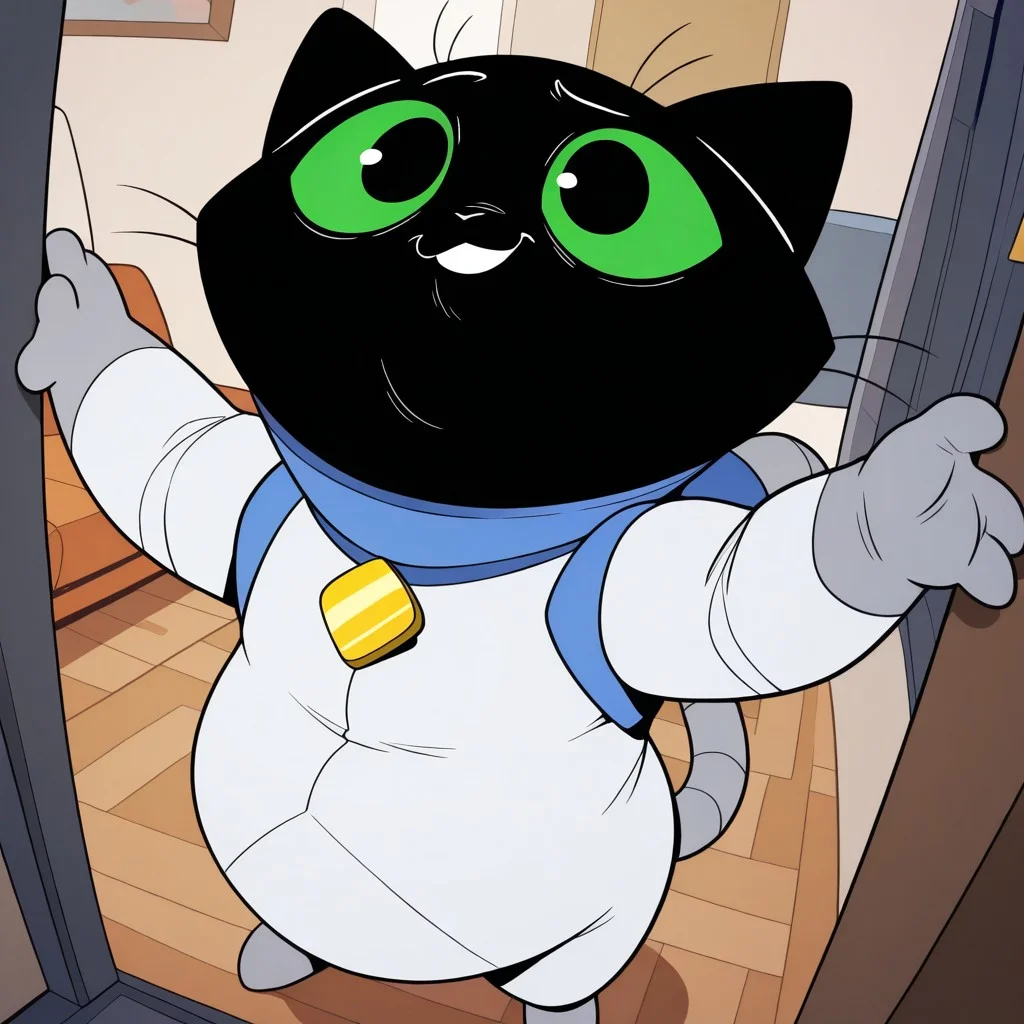 masterpiece, best quality, amazing quality, scratch, male, furry male, anthro, solo, cat, black fur, green sclera, black pupils, whiskers, tail, fat, white spacesuit, grey boots, blue collar, gold pendant, standing, smile, indoors, living room