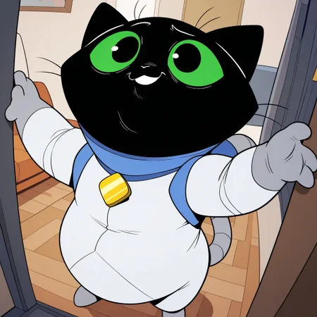 masterpiece, best quality, amazing quality, scratch, male, furry male, anthro, solo, cat, black fur, green sclera, black pupils, whiskers, tail, fat, white spacesuit, grey boots, blue collar, gold pendant, standing, smile, indoors, living room