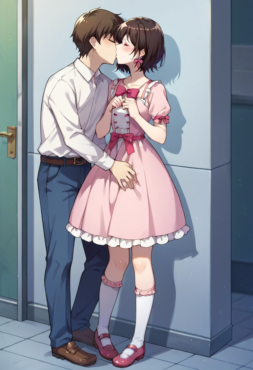 score_9, score_8_up, score_7_up, source_anime, fujiokamisaki, shoes, hair ribbon, pink bow, socks, pink dress, kissing, dark, solo focus, ribbon