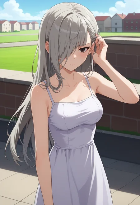 score_9, score_8_up, score_7_up, anime screencap, source_anime, 1girl, solo,
<lora:Horn_Danmachi_V1:.85>, KJOhorn, black eyes, grey hair, long hair, hair over one eye,
white sundress, bare shoulders, expressionless, looking to the side, blush, embarrassed,
adjusting hair, wind,
rooftop,
(Beautiful, medium Breasts:1.2),
