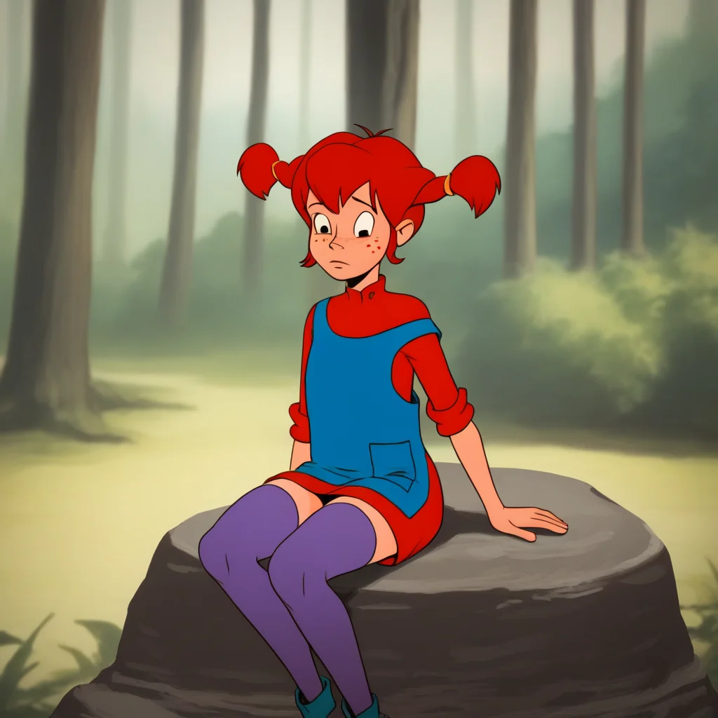 score_7_up, BREAK, Pippi, 1girl, solo, red hair, short twintails, black eyes, freckles, red dress, blue overalls, thighhighs, mismatched legwear, multicolored right legwear , blue left legwear,<lora:Pippi_Longstocking_PXL_Leaf1:1>, forest, blurry background, sitting on rock,