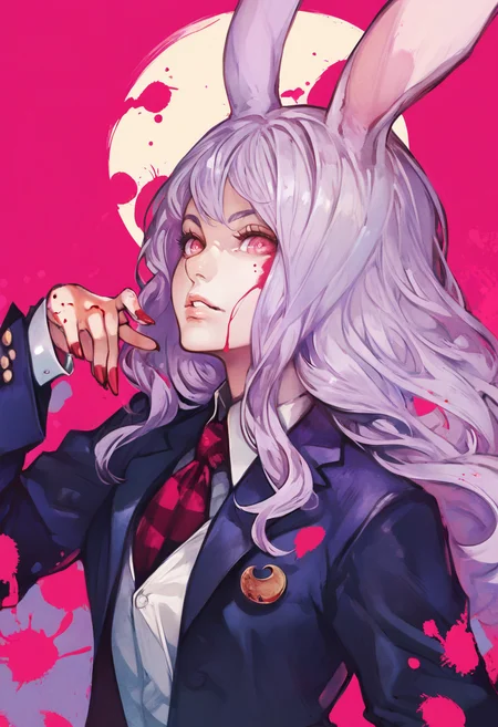 1girl,
reisen udongein inaba,
solo, animal ears, long hair, rabbit ears, blood, jacket, blazer, spot color, crescent, lips, pink eyes, checkered background, nail polish, paint splatter, red pupils, pink blood, expressionless, portrait, abstract, red nails, paint splatter on face, ringed eyes, looking at viewer, nose, parted lips, from side, light purple hair, eyebrows hidden by hair, necktie, red eyes, looking to the side,
score_9, score_8_up, score_7_up, score_6_up
<lora:banpaiakiraXL_P6_lokr_V4236:0.95>