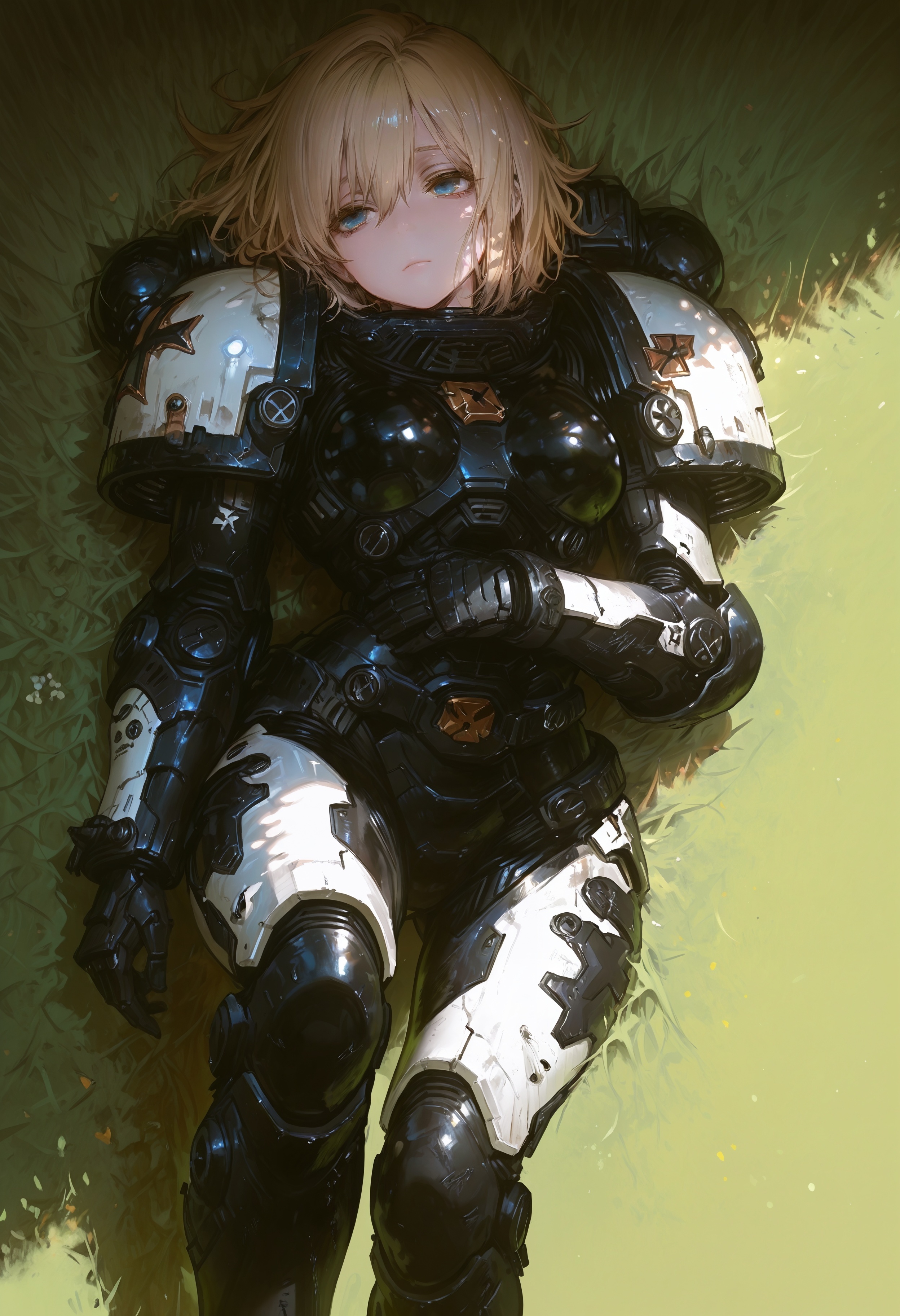 masterpiece, best quality, good quality, newest, highres, absurdres, volumetric lighting,gradient color,
BREAK
raytracing, volumetric lighting, ambient occlusion, girl, background, masterpiece, best quality, very awa, absurdres,
BREAK
BlackT40k, power armor, blonde hair, solo, model style,
BREAK
masterpiece,amazing quality,best quality,ultra-detailed,8K,illustration,CG,shiny hair,clear skin,ultra-detailed-eyes, background,cute girl,
BREAK,
laying in the woods, on grass, from above, sunny, beautiful lights,
<lora:DetailedEyes_V3:1> <lora:USNR STYLE_XL_loha:0.45> <lora:GBF_Illustrious:0.4> <lora:NOOB_vp1_detailer_by_volnovik_v1:0.3> <lora:MGE_V5.2_IL:0.6> <lora:ponyv6_noobE11_2_adamW:0.5> <lora:noobai_vpred_1_masterpieces_v1:1> <lora:748cmXLillokrV5311P:0.6> <lora:iLLBlackT40k:1>