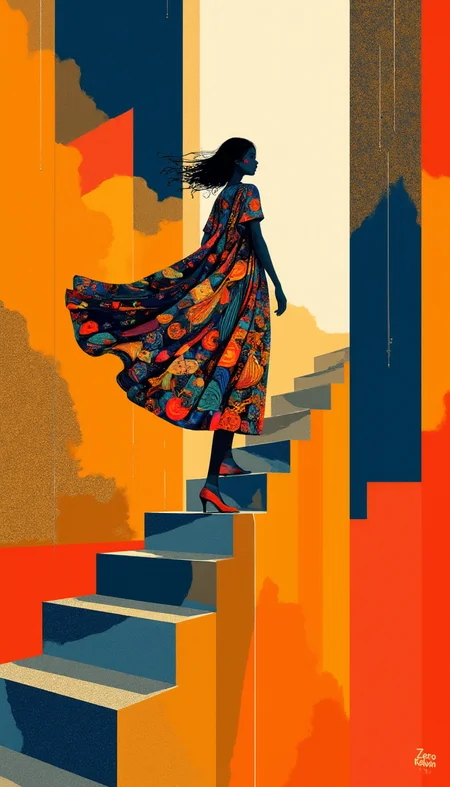 Caption:
A striking, abstract silhouette of a person ascends a geometric staircase that twists and turns with vivid, angular patterns. The figure, draped in a flowing, multi-colored robe adorned with intricate designs, seems to embody elegance and determination. The staircase, composed of bold blocks of orange, blue, and gold, leads upward into an undefined space, symbolizing a journey of growth or discovery. Thin, delicate lines trail behind the figure, adding a sense of motion and grace to the scene.
Art Style:
This artwork is rendered in a modern, geometric abstraction style, with influences from Art Deco. The composition features sharp, angular shapes and a vibrant color palette dominated by rich oranges, blues, and golds, creating a sense of dynamism and elegance. The figure is stylized, with minimal details that emphasize form and movement rather than realism. The overall effect is a sophisticated, visually compelling piece that evokes themes of progress, ambition, and the beauty of the journey. The "Zero Kelvin" watermark is subtly integrated into the lower portion of the staircase design, blending seamlessly with the angular patterns, ensuring it complements the overall aesthetic.