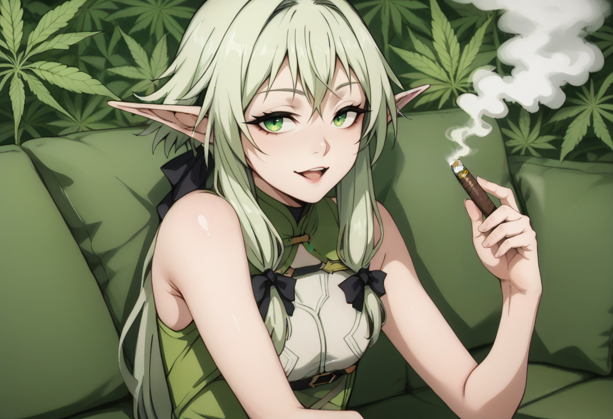 score_9, score_8_up, score_7_up, score_6_up, score_5_up, score_4_up, BREAK, <lora:high-elf-archer-s2-ponyxl-lora-nochekaiser:1> high elf archer, long hair, green eyes, bow, hair bow, black bow, sidelocks, green hair, pointy ears, elf, reclining, on couch, <lora:Blown_Smoke:0.7> smoke, smoking, looking at viewer, smile, open mouth half-closed eyes, (bags under eyes:0.8), marijuana, holding white cigar, smoking cigar, (bloodshot eyes:0.9), joint \(drug\), <lora:marijuana:0.8> marijuana background, relaxing