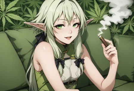 score_9, score_8_up, score_7_up, score_6_up, score_5_up, score_4_up, BREAK, <lora:high-elf-archer-s2-ponyxl-lora-nochekaiser:1> high elf archer, long hair, green eyes, bow, hair bow, black bow, sidelocks, green hair, pointy ears, elf, reclining, on couch, <lora:Blown_Smoke:0.7> smoke, smoking, looking at viewer, smile, open mouth half-closed eyes, (bags under eyes:0.8), marijuana, holding white cigar, smoking cigar, (bloodshot eyes:0.9), joint \(drug\), <lora:marijuana:0.8> marijuana background, relaxing