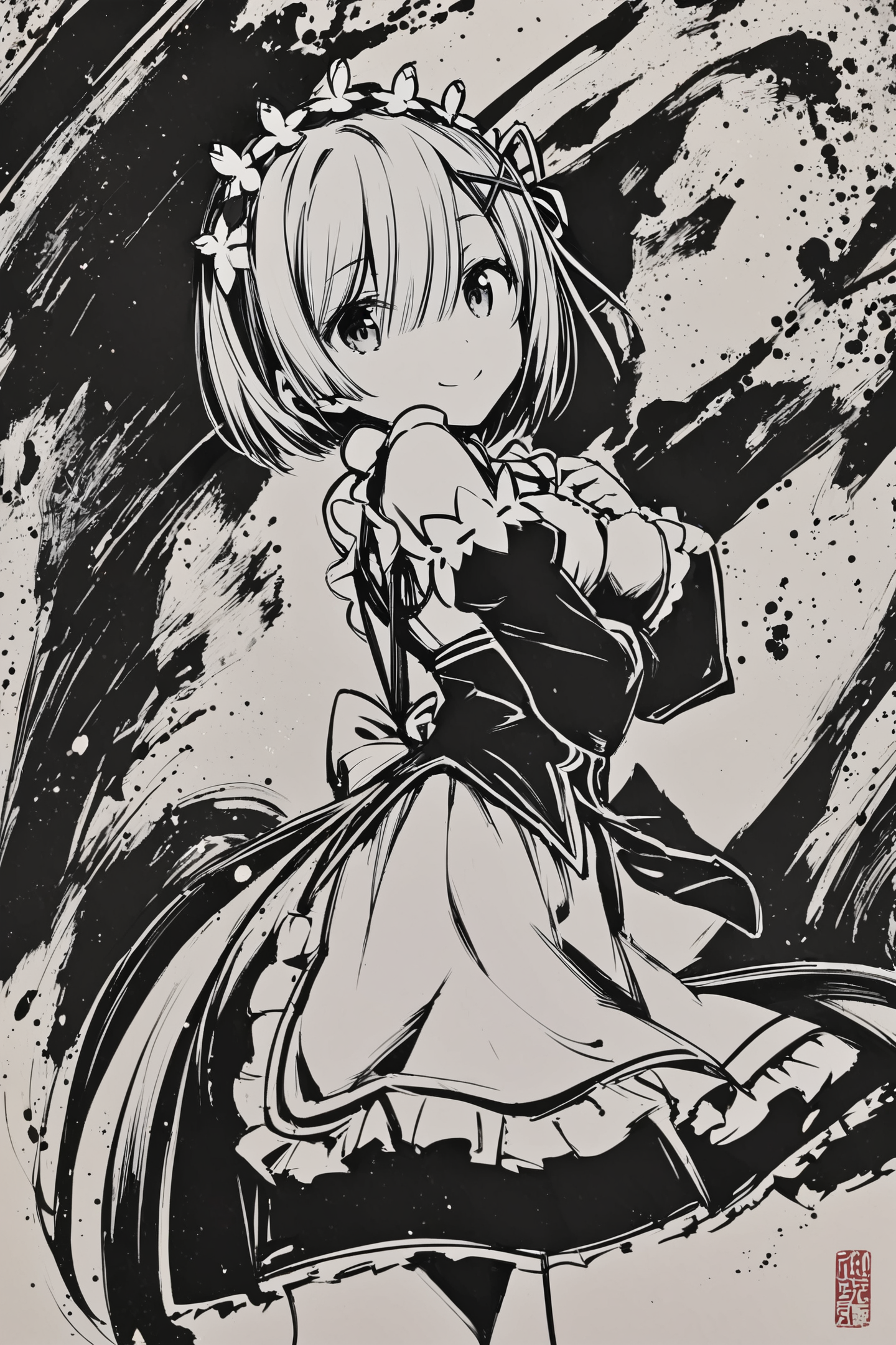 monochrome,greyscale,1girl,solo,rem (re:zero),x hair ornament,short hair,hair ornament,maid,looking at viewer,ribbon,maid headdress,long sleeves,dress,roswaal mansion maid uniform,smile,hair ribbon,puffy sleeves,frills,apron,bangs,closed mouth,medium breasts,black dress,juliet sleeves,cowboy shot,flower,hair between eyes,waist apron,
<lora:okazu_XL:0.9>,