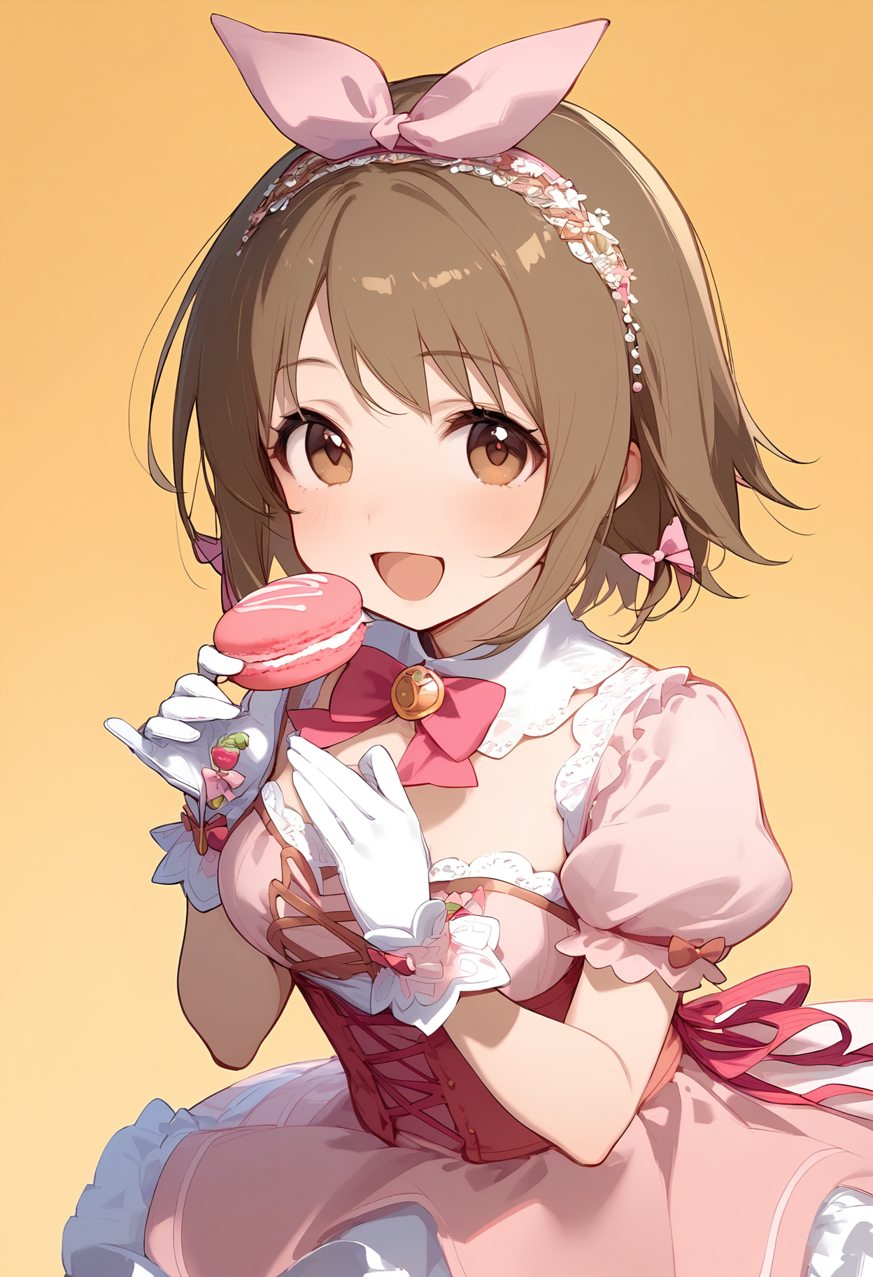 1girl,
mimura kanako,


solo, blush, puffy short sleeves, dress, puffy sleeves, short sleeves, holding food, hairband, pink dress, gloves, white gloves, detached collar, open mouth, looking at viewer, yellow background, hair ribbon, short hair, holding, simple background, :d, bow, macaron, pink ribbon, brown eyes, breasts, ribbon, hair bow, smile, medium breasts, food, pink bow, brown hair,

sfw
<lora:a31_char_new_mimura_kanako-000022:1> <lora:a31_style_koni-000010:0.8>