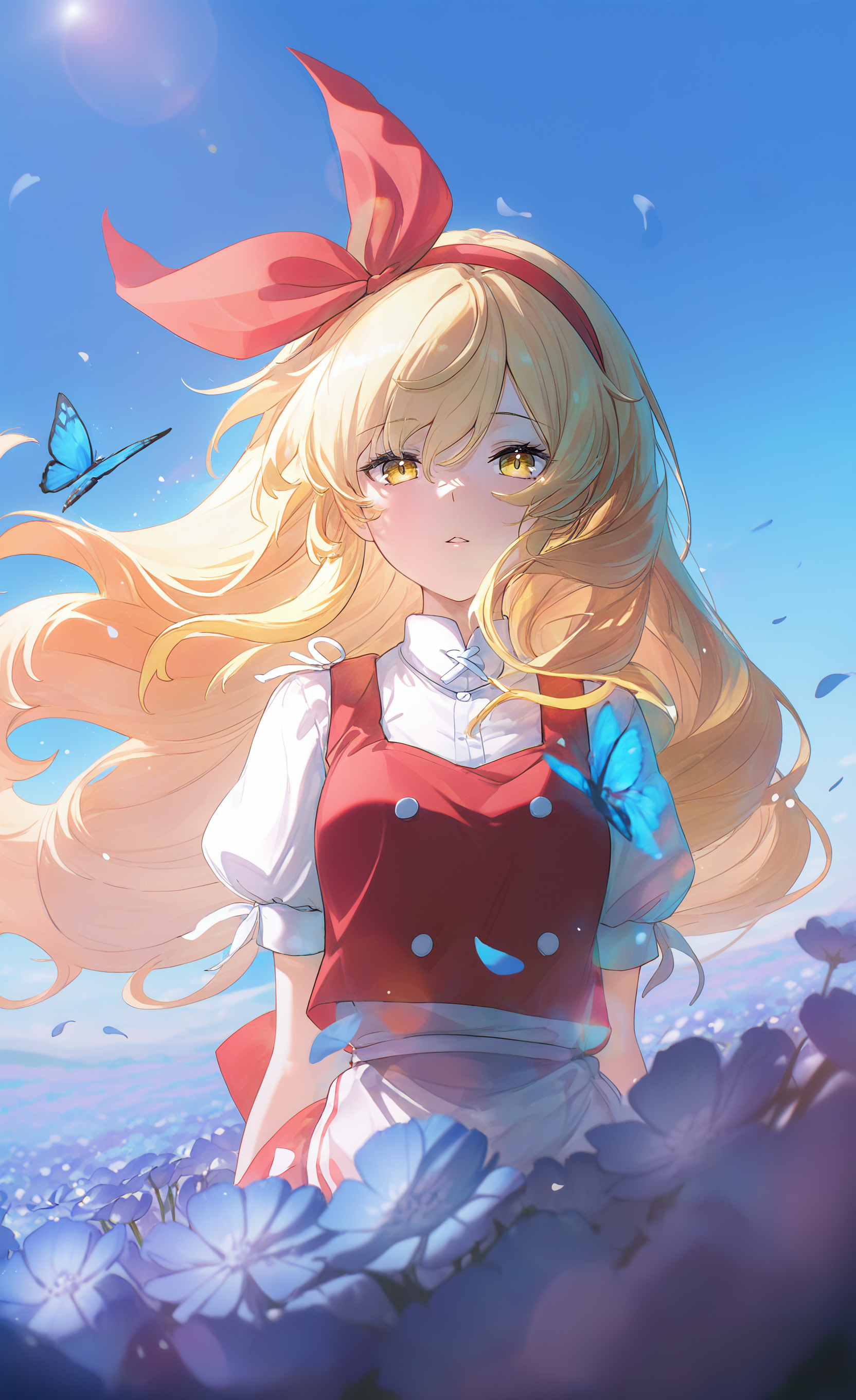 masterpiece, best quality, good quality, very awa, newest, highres, absurdres, ellen \(touhou\), 1girl, solo, yellow eyes,blonde hair, parted lips,
looking at viewer, floating hair, Main Outfit, red hairband, red vest,shirt, short sleeves, outdoors, sky, day, blue sky, petals, wind, butterfly, blue flower, falling petals, field, flower field, blue butterfly,
upper body, Lens Flare,Bright And Sunny Lighting, <lora:illustriousXL_stabilizer_v1.23:0.3> <lora:NOOB_vp1_detailer_by_volnovik_v1:0.3> <lora:ponyv6_noobE11_2_adamW-000017:0.3> <lora:XXX667:0.4> <lora:WSSKX_WAI:0.7> <lora:JN_Ellen_Illus:0.8>