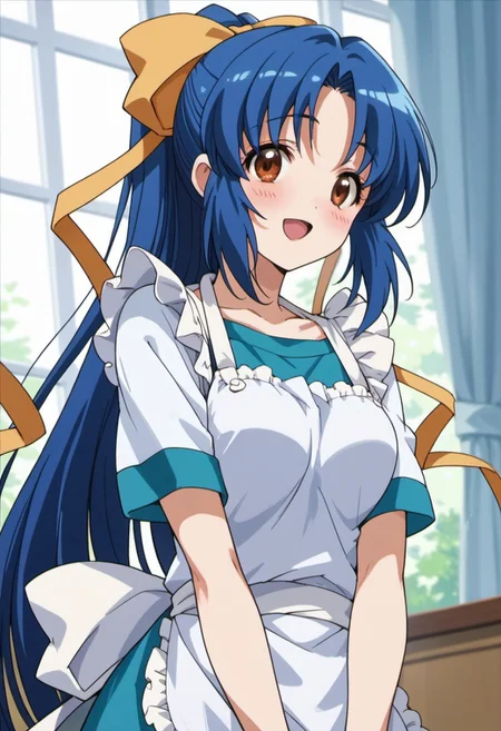 score_9, score_8_up, score_7_up, source_anime,  shimizu sayaka, long hair, blue hair, brown eyes, 1girl, solo, open mouth, smile, ponytail, blush, bow, ribbon, hair bow, apron, :d, hair ribbon