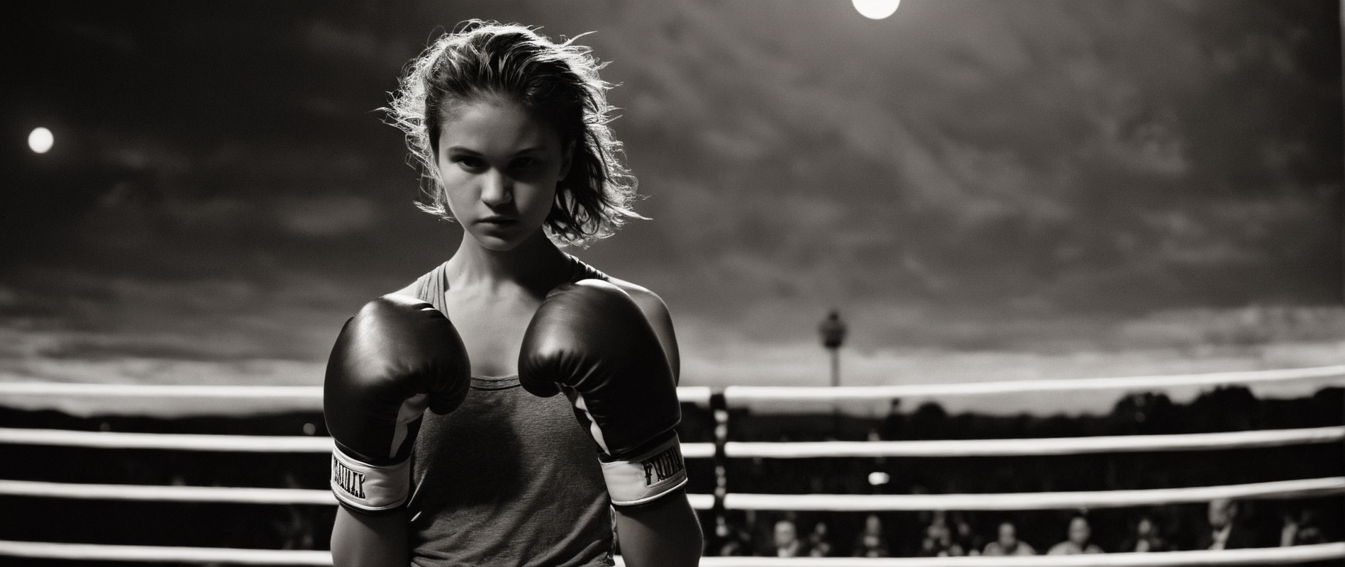 cinematic film still of <lora:Film Grain style:0.6> Film Grain style
 <lora:Kodak Motion Picture Film Style v4:0.2>
 <lora:Chiaroscuro Lighting Style:0.6> Chiaroscuro Lighting Style
 <lora:Ron Fricke style:0.3>
Film grain still image of a woman in a boxing ring with two boxing gloves,solo,1boy,monochrome,weapon,greyscale,male focus,sword,night,moon,katana,full moon , cinematic look, film look, filmic, contrast, detailed, high quality, sharp image, film color, Kodak Motion Picture Film style, different color, different people, different look, different style, 35MM Film, 16MM Film, Photographic film, music video style, artistic style, cinematic style, film granularity, film noise, image noise, artistic effect, Fujicolor, Fuji film, Analog photography, movie style, movie still, Film grain overlay, Film Grain style, shallow depth of field, vignette, highly detailed, high budget, bokeh, cinemascope, moody, epic, gorgeous, film grain, grainy