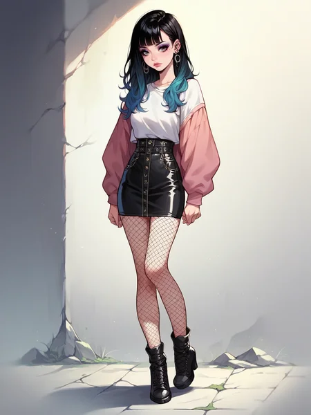 source_anime, score_9, score_8_up, score_7_up, score_6_up, score_5_up, <lora:egirlXLP:0.8> egirl, 1girl, solo, makeup, black hair, gradient hair, ear piercing, eyeshadow, fishnet pantyhose, full body,