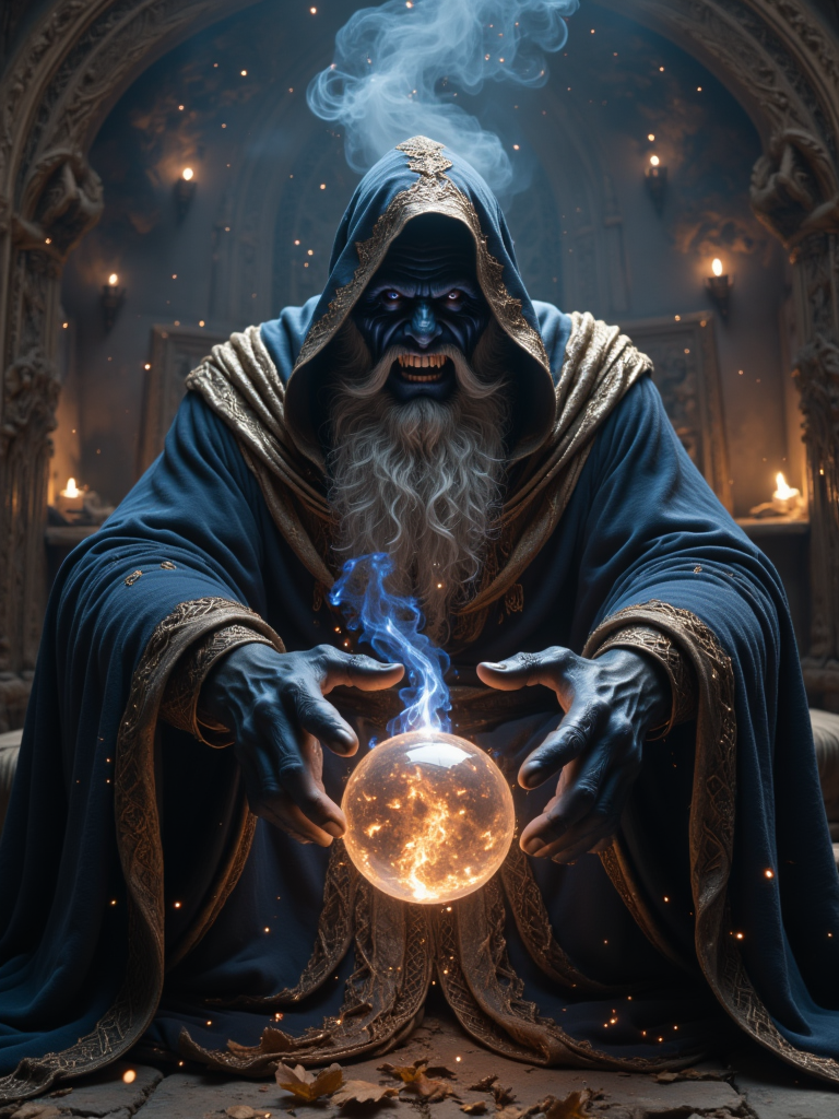 Sihirbaz, a dark old wizard who is up to no good. He sits in an old run-down castle and wants revenge on the world. The room begins to freeze, icicles appear everywhere. A floating mystical ball burns in front of him. Sihirbaz seems to be getting younger, his white beard remains. He laughs maliciously. Extreme sparks fly in the room, leaves fly around