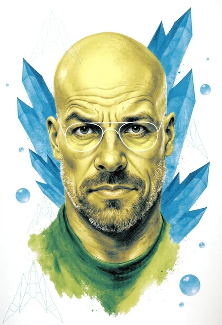 <lora:Acrobatic_Maneuvers_Style_FLUX-000015:0.9>
This image is a digital drawing that combines elements of surrealism and modern art. The central figure is a stylized, three-dimensional representation of the face of Walter White, with striking details rendered in various shades of yellow and blue, surrounded by blue crystals.