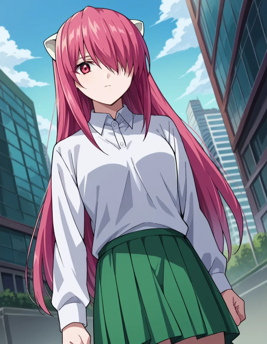 score_9, score_8_up, score_7_up, source_anime,
elfenliedlucy, <lora:elfen-lied-lucy-ponyxl-lora-nochekaiser:1>
lucy, long hair, pink hair, horns, pink eyes, hair over one eye,
long sleeves, sweater, skirt, green skirt, pleated skirt, shirt, white shirt, collared shirt, frills,
outdoors, cityscape,
looking at viewer, dutch angle, cowboy shot,