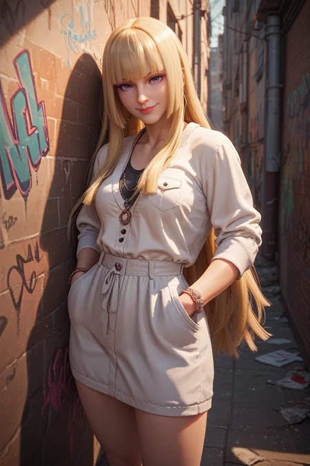 score_9, score_8_up, score_7_up, score_6_up
<lora:T8Lili:0.8>
T8Lili, 1girl, blonde hair, long hair, blunt bangs, looking at viewer, playful smile, standing, hands in pockets, leaning against wall, graffiti-covered alley, evening light, vibrant colors