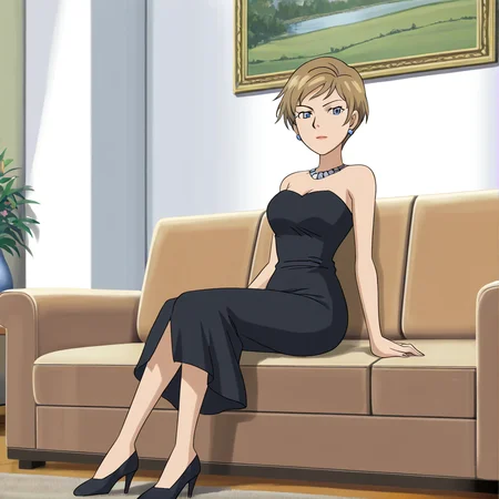 <lora:topaz_illustrious:1>, (masterpiece), (best quality), (ultra-detailed), amazing quality, very aesthetic, illustration, perfect composition, intricate details, absurdres, incredibly absurdres, topazsonicx, 1girl, solo, brown hair, short hair, lipstick, blue eyes, jewelry, earrings, blonde hair, indoors, living room, black dress, strapless, breasts, looking at viewer, sitting, high heels, necklace, couch,